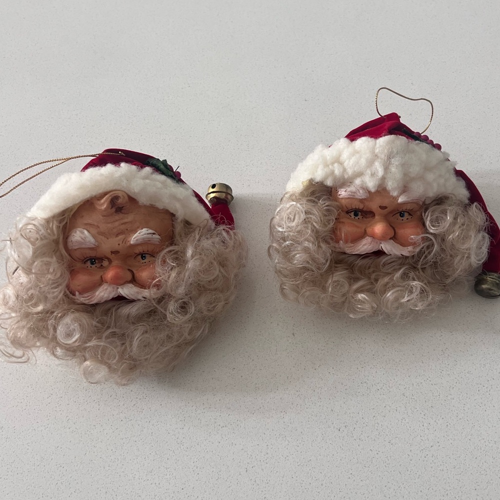 Vtg Antiqued Santa Head Christmas‎ Ornaments Hand painted Celluloid Set Of 2